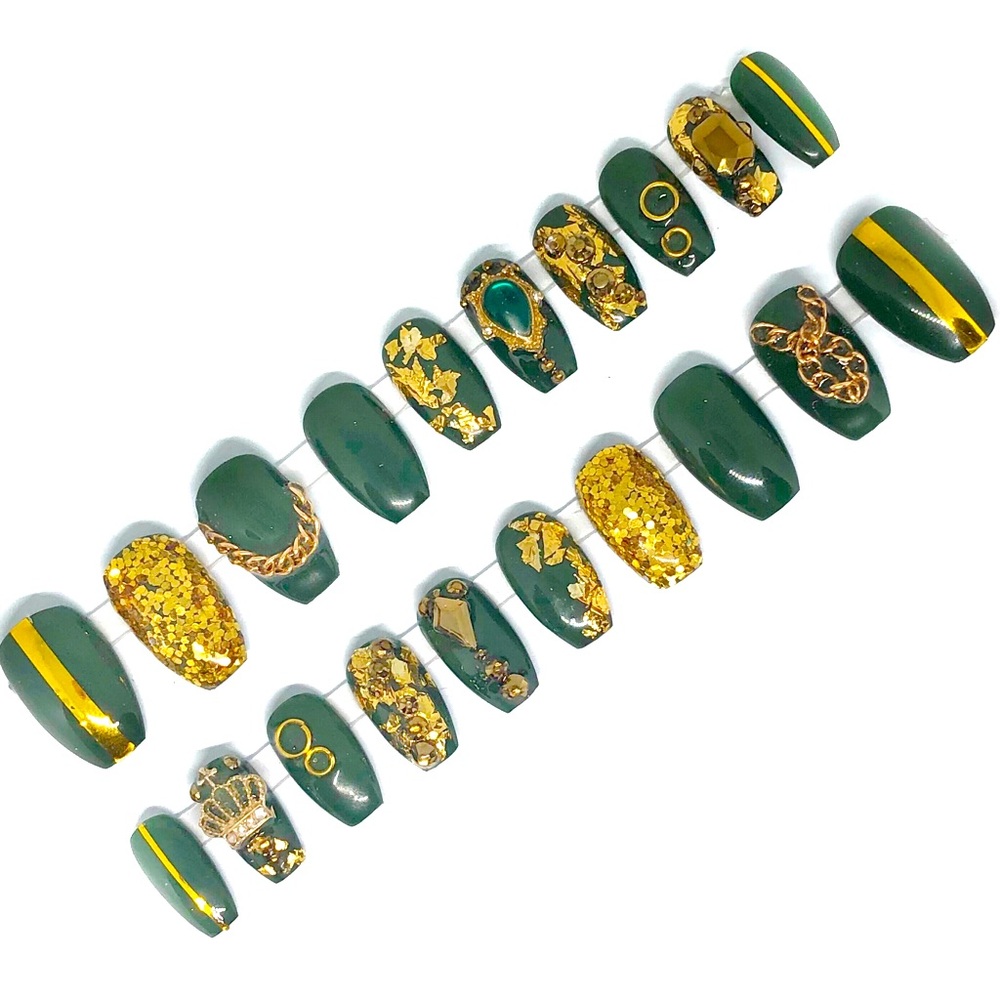 Handmade Press on Nails UV Gel Medium Short Coffin Green & Gold Shiny Fu… - Picture 2 of 8
